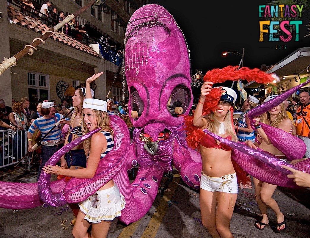 Women and large Octopus costume on Fantasy Fest Parade.